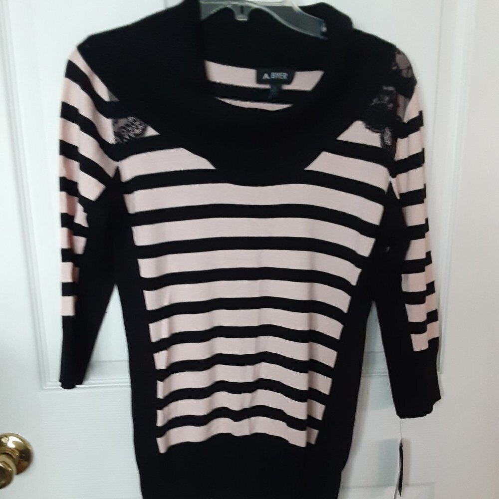 A.Byer Size Large Pink/Black Stripe Cowl Neck 3/4" Sleeve Top
